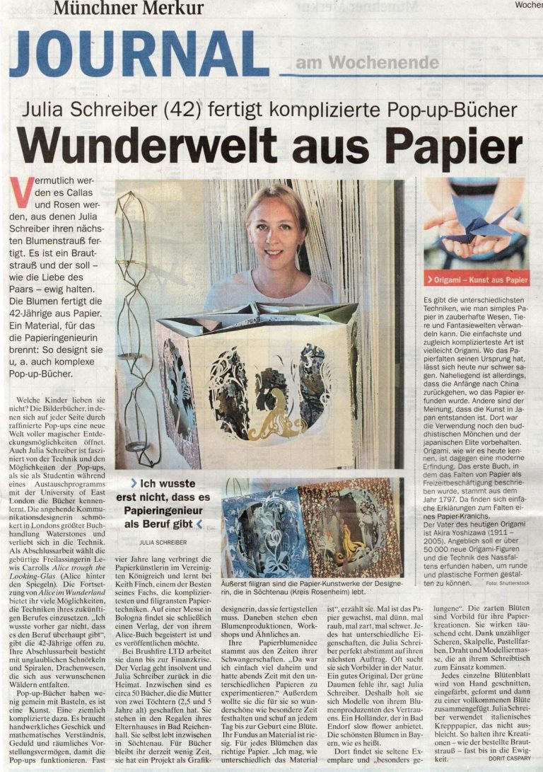 Artikel über Julia Schreiber (Julia Fröhlich) und ihre Papierkunstwerke im Münchner Merkur.