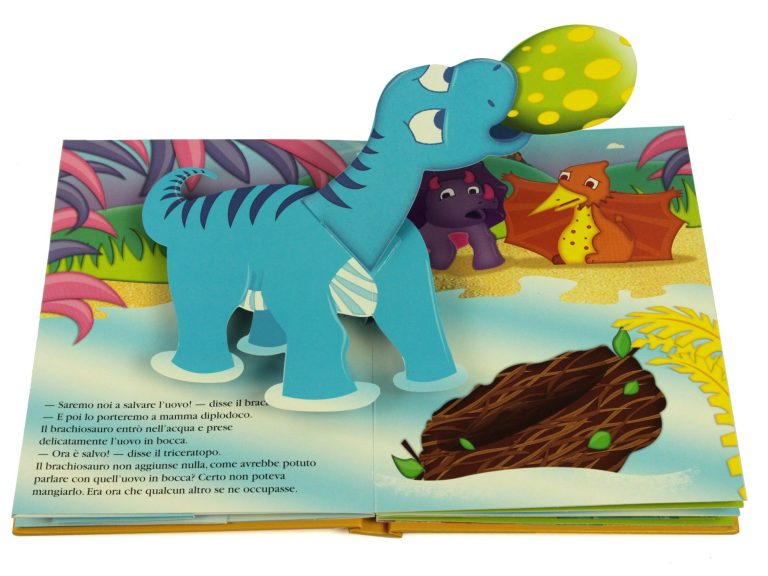 Ein buntes Pop-up-Buch mit einem Dinosaurier, der einen Eierkopf anhebt.